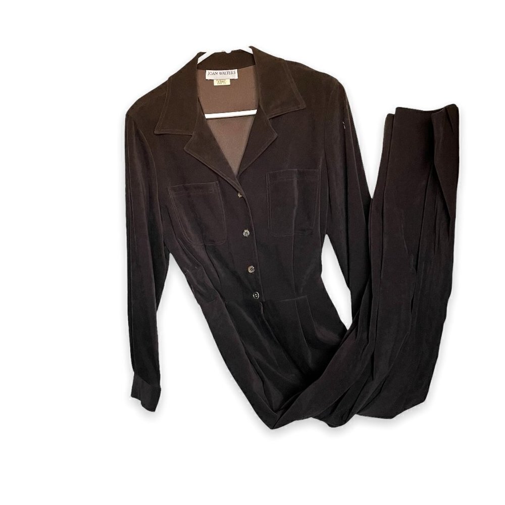 Joan Walters Vintage Jumpsuit Long Sleeve Brown Faux Suede Lined Women's Size 12 - Picture 2 of 9